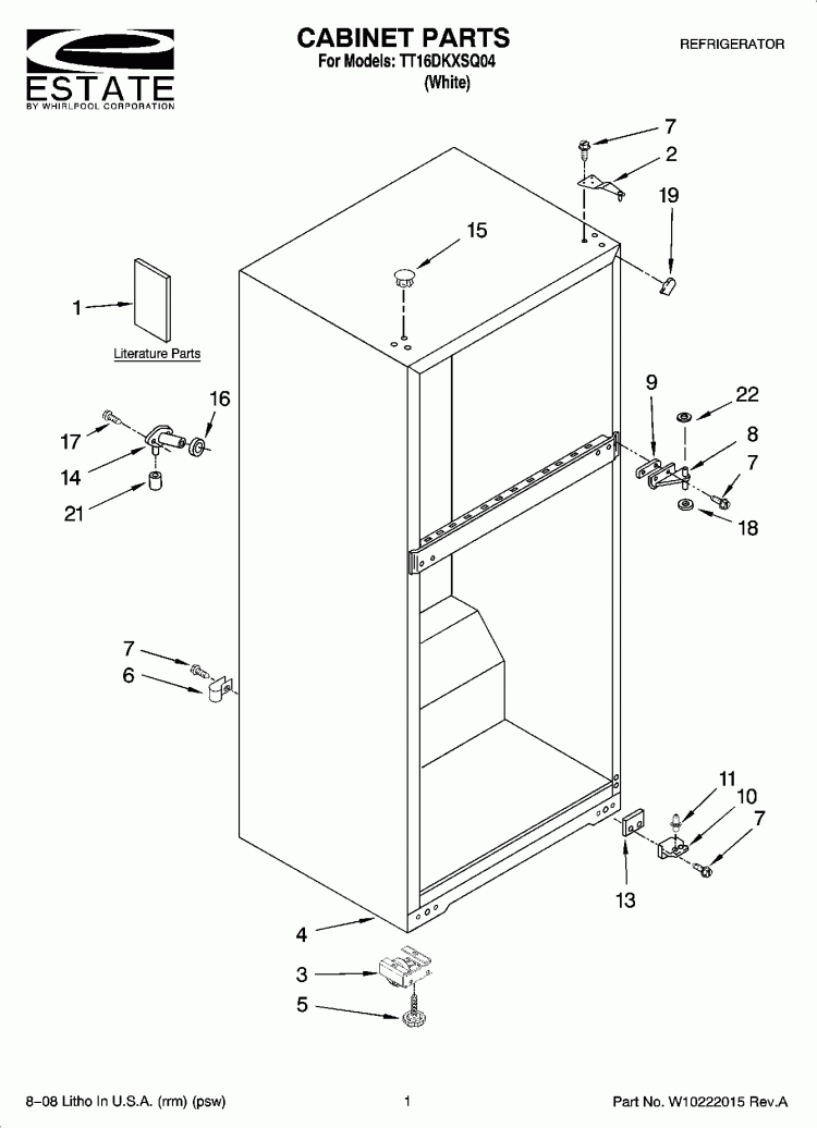 CABINET PARTS Diagram and Parts List for TT16DKXSQ04  Estate Refrigerator