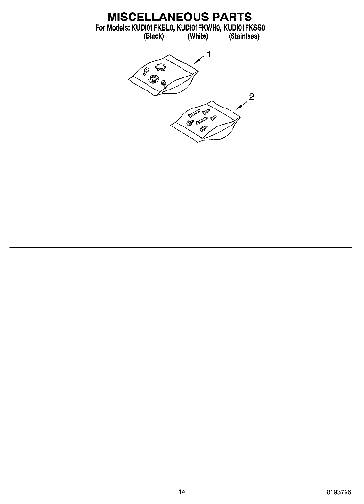 MISCELLANEOUS  PARTS, OPTIONAL PARTS (NOT INCLUDED) Diagram and Parts List for KUDI01FKBL0  KitchenAid Dishwasher