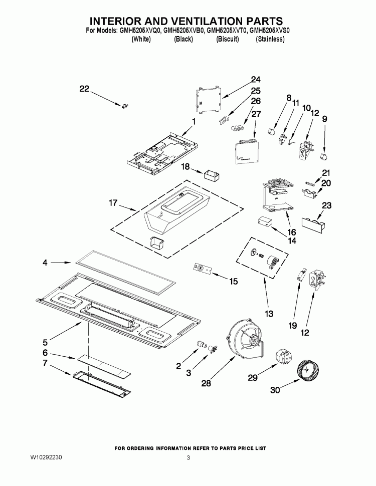 INTERIOR AND VENTILATION PARTS Diagram and Parts List for GMH5205XVQ0  Whirlpool Microwave