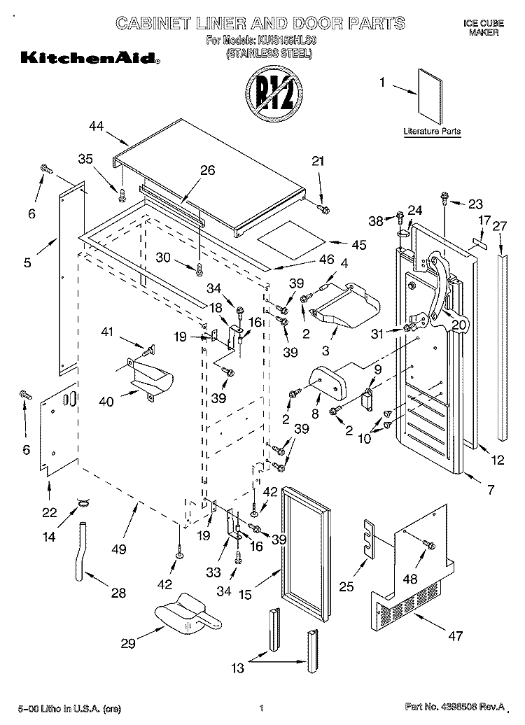 CABINET LINER AND DOOR, LIT/OPTIONAL Diagram and Parts List for KUIS155HLS0  KitchenAid Ice Maker