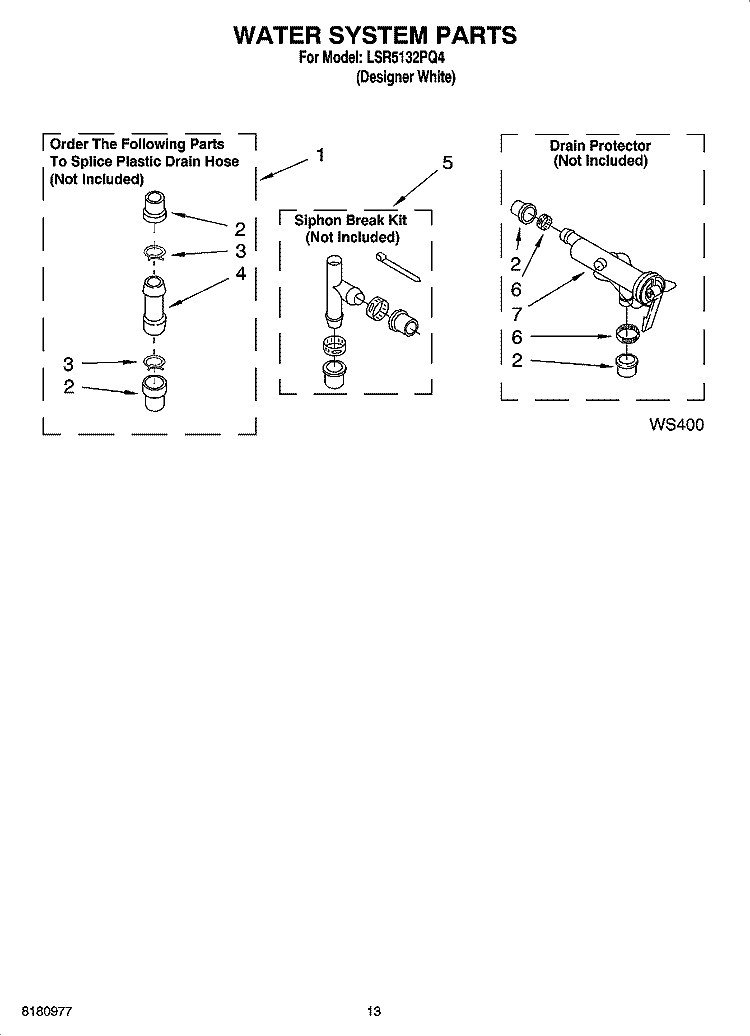 WATER SYSTEM PARTS, OPTIONAL PARTS (NOT INCLUDED) Diagram and Parts List for LSR5132PQ4  Whirlpool Washer