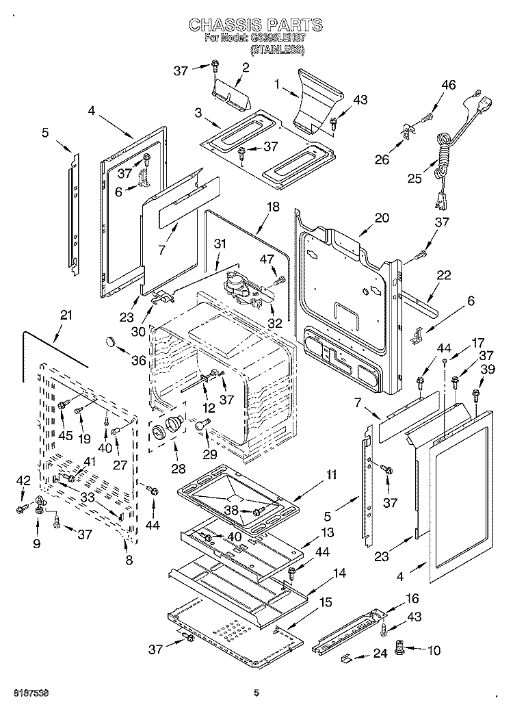 CHASSIS Diagram and Parts List for GS395LEHS7  Whirlpool Range