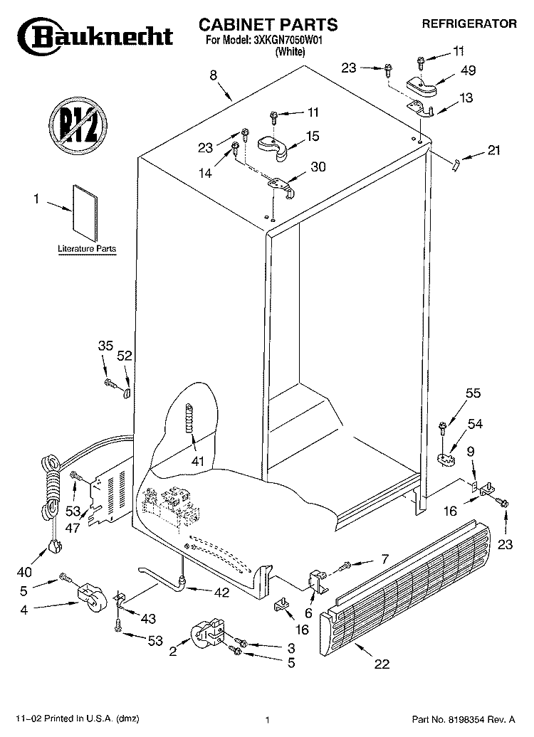 CABINET, LITERATURE Diagram and Parts List for 3XKGN7050W01  Whirlpool Refrigerator