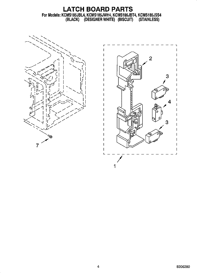 LATCH BOARD PARTS Diagram and Parts List for KCMS185JBL4  KitchenAid Microwave