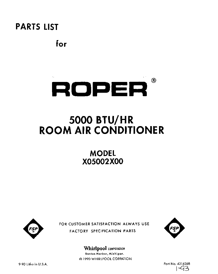 FRONT COVER Diagram and Parts List for X05002X00  Roper Air Conditioner