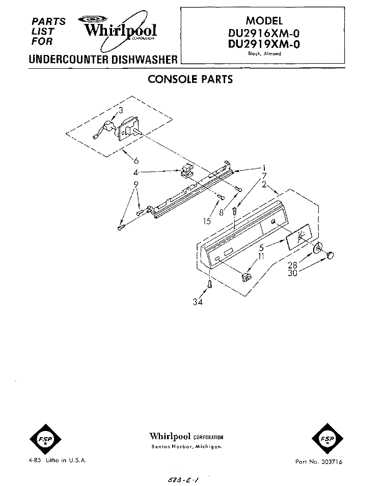 CONSOLE Diagram and Parts List for DU2916XM0  Whirlpool Dishwasher