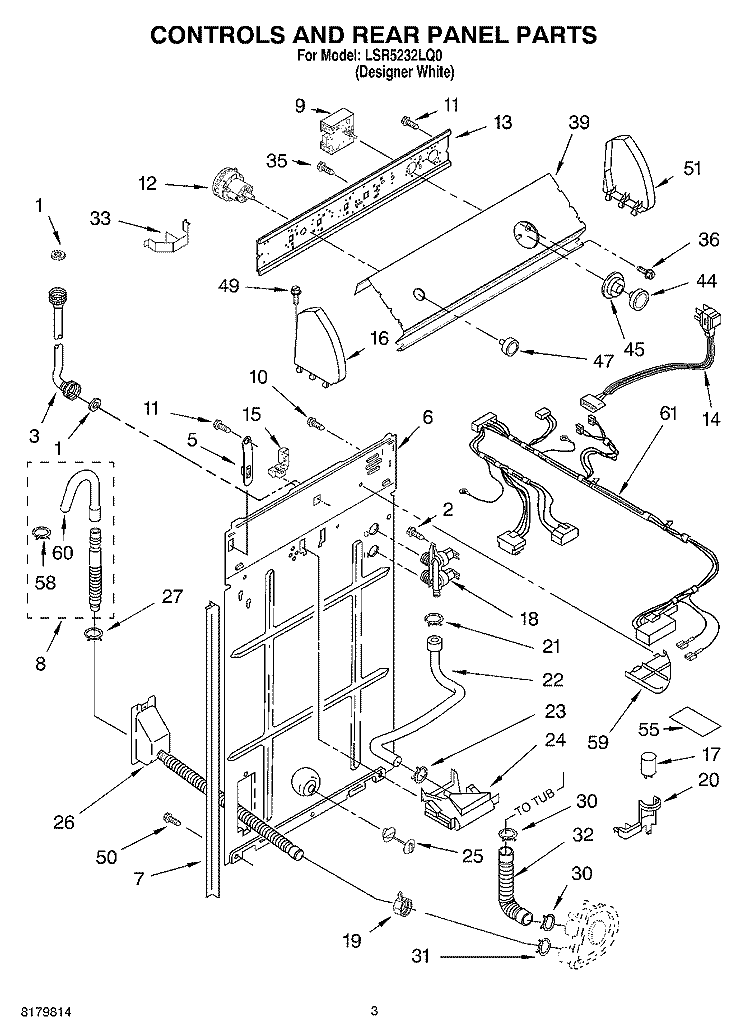 CONTROLS AND REAR PANEL Diagram and Parts List for LSR5232LQ0  Whirlpool Washer