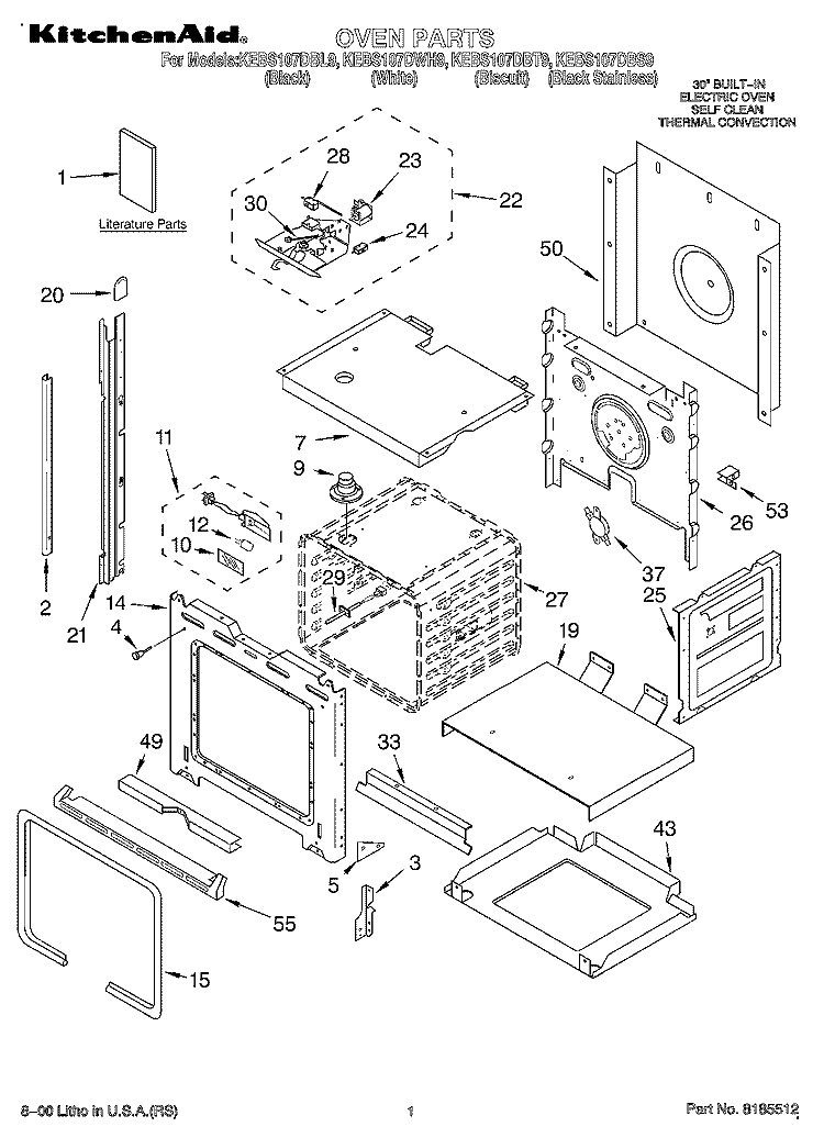 OVEN, LITERATURE Diagram and Parts List for KEBS107DBL9  KitchenAid Wall Oven