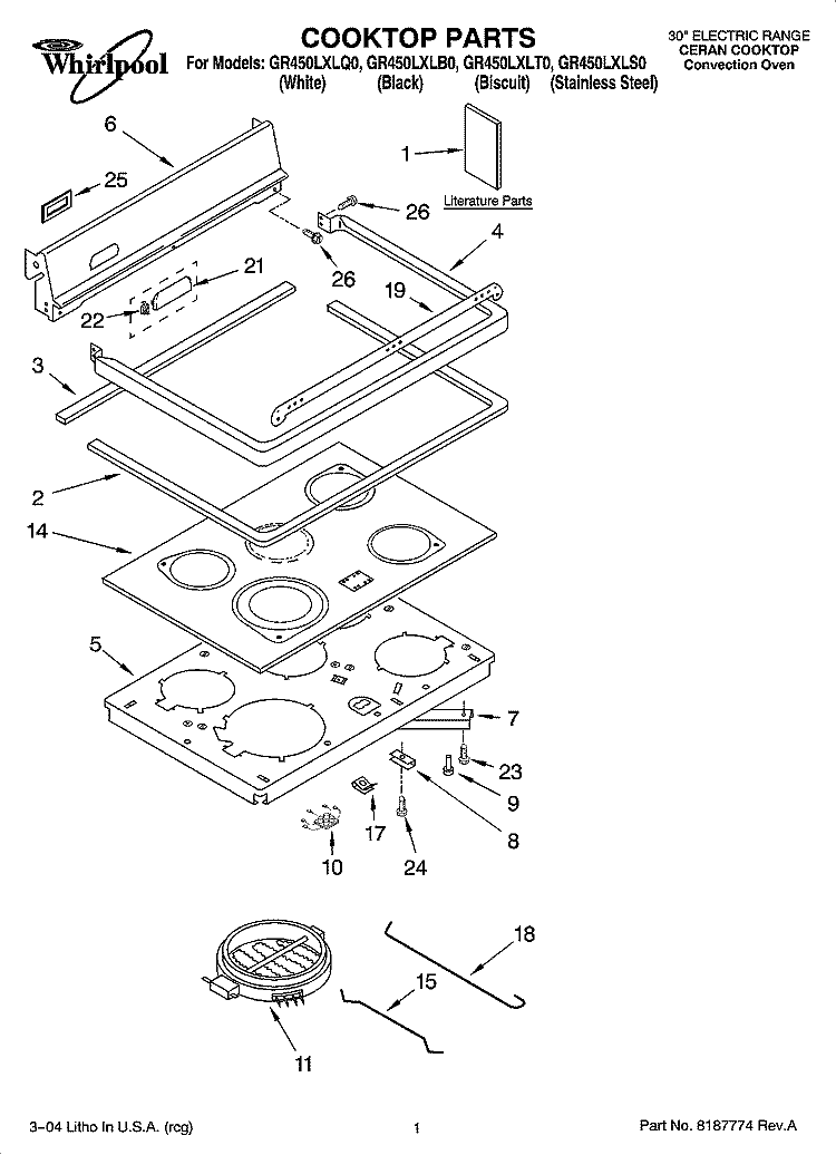 COOKTOP PARTS Diagram and Parts List for GR450LXLS0  Whirlpool Range