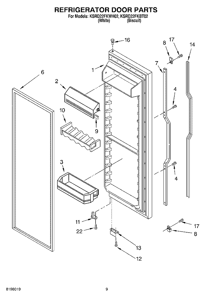 REFRIGERATOR DOOR Diagram and Parts List for KSRD22FKBT02  KitchenAid Refrigerator