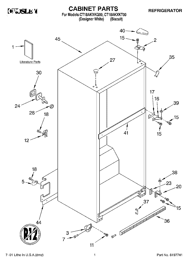 CABINET, LITERATURE Diagram and Parts List for CT18AKXKQ00  Crosley Refrigerator