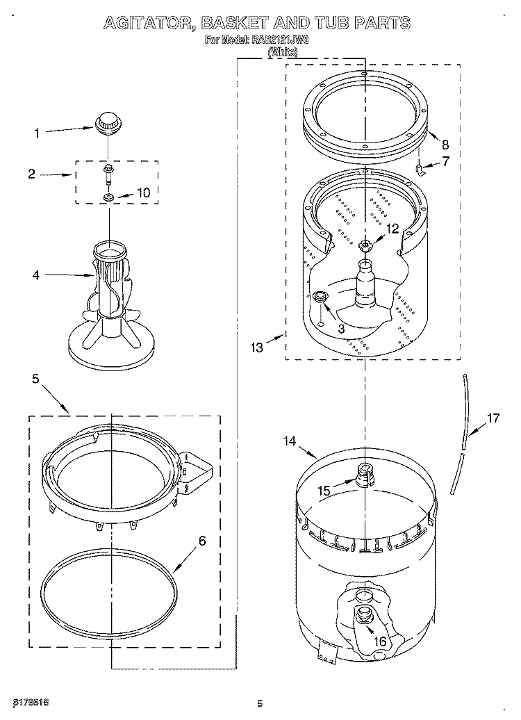 AGITATOR, BASKET AND TUB Diagram and Parts List for RAB2121JW0  Roper Washer