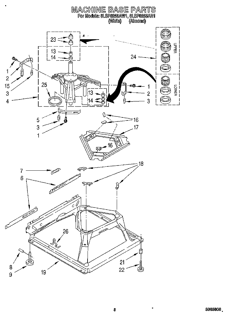 MACHINE BASE Diagram and Parts List for 6LSP8255AN1  Whirlpool Washer
