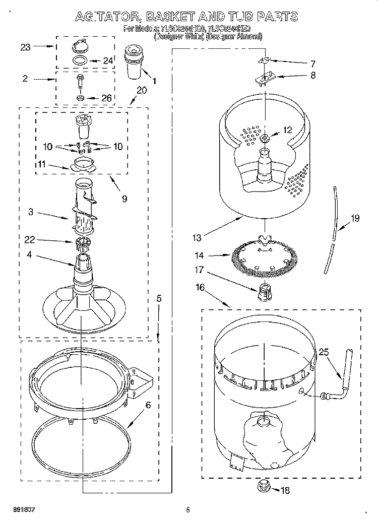 AGITATOR, BASKET AND TUB Diagram and Parts List for 7LSC8244HQ0  Whirlpool Washer