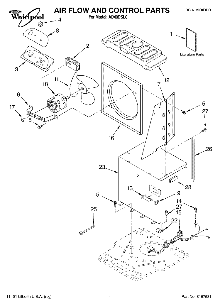 SECTION Diagram and Parts List for AD40DSL0  Whirlpool Dehumidifier