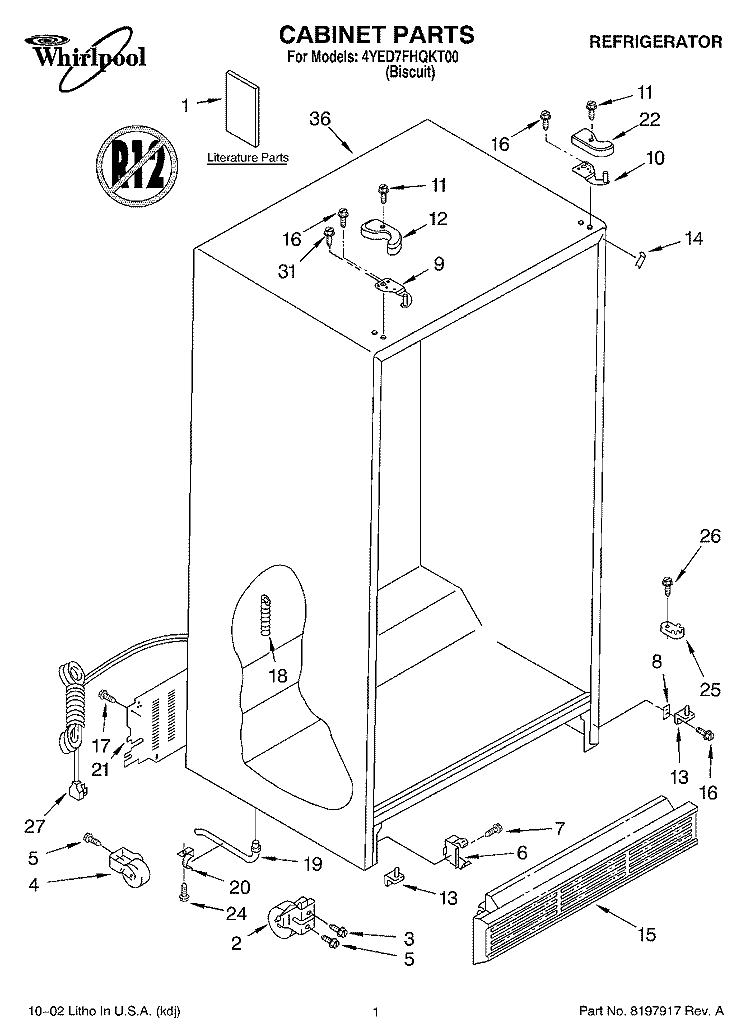 CABINET, LITERATURE Diagram and Parts List for 4YED7FHQKT00  Whirlpool Refrigerator