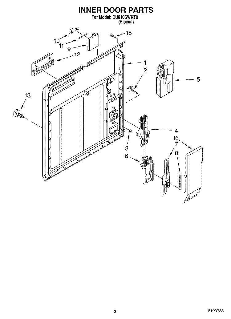 INNER DOOR Diagram and Parts List for DU810SWKT0  Whirlpool Dishwasher
