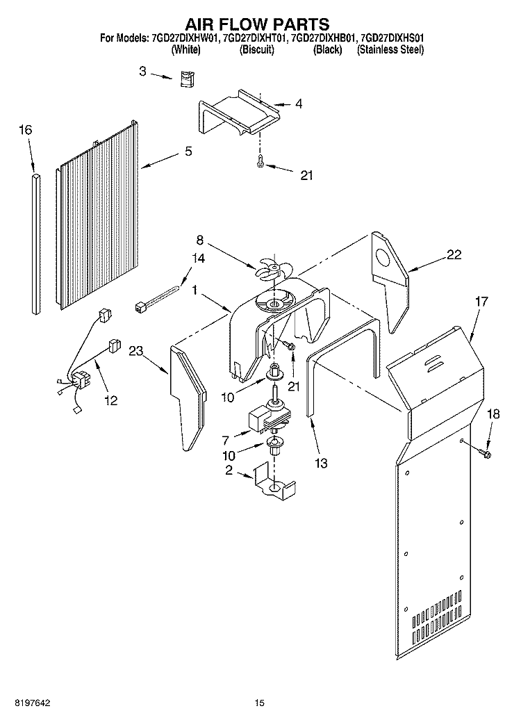 AIR FLOW Diagram and Parts List for 7GD27DIXHS01  Whirlpool Refrigerator