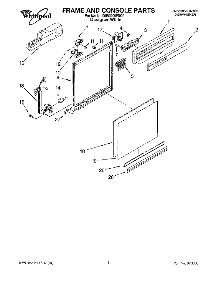 FRAME AND CONSOLE Diagram and Parts List for DU930QWDQ3  Whirlpool Dishwasher