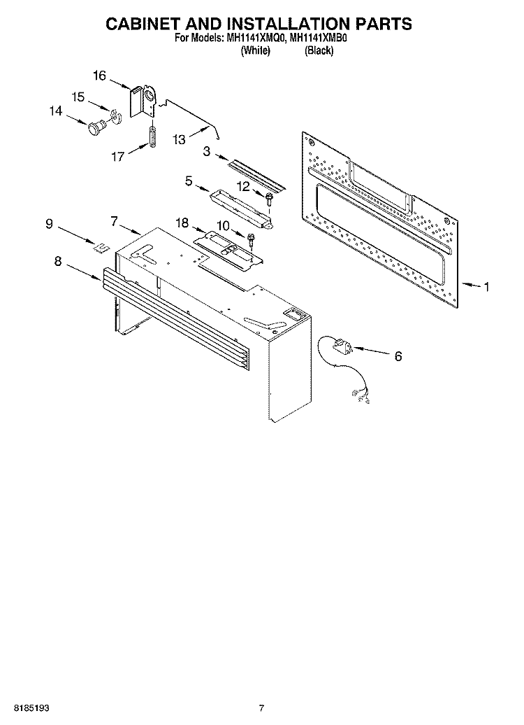 CABINET AND INSTALLATION PARTS Diagram and Parts List for MH1141XMB0  Whirlpool Microwave
