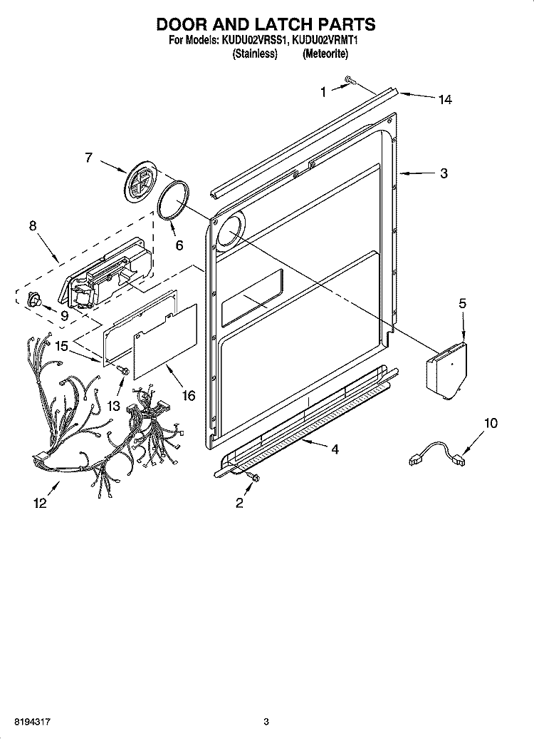 DOOR AND LATCH PARTS Diagram and Parts List for KUDU02VRSS1  KitchenAid Dishwasher