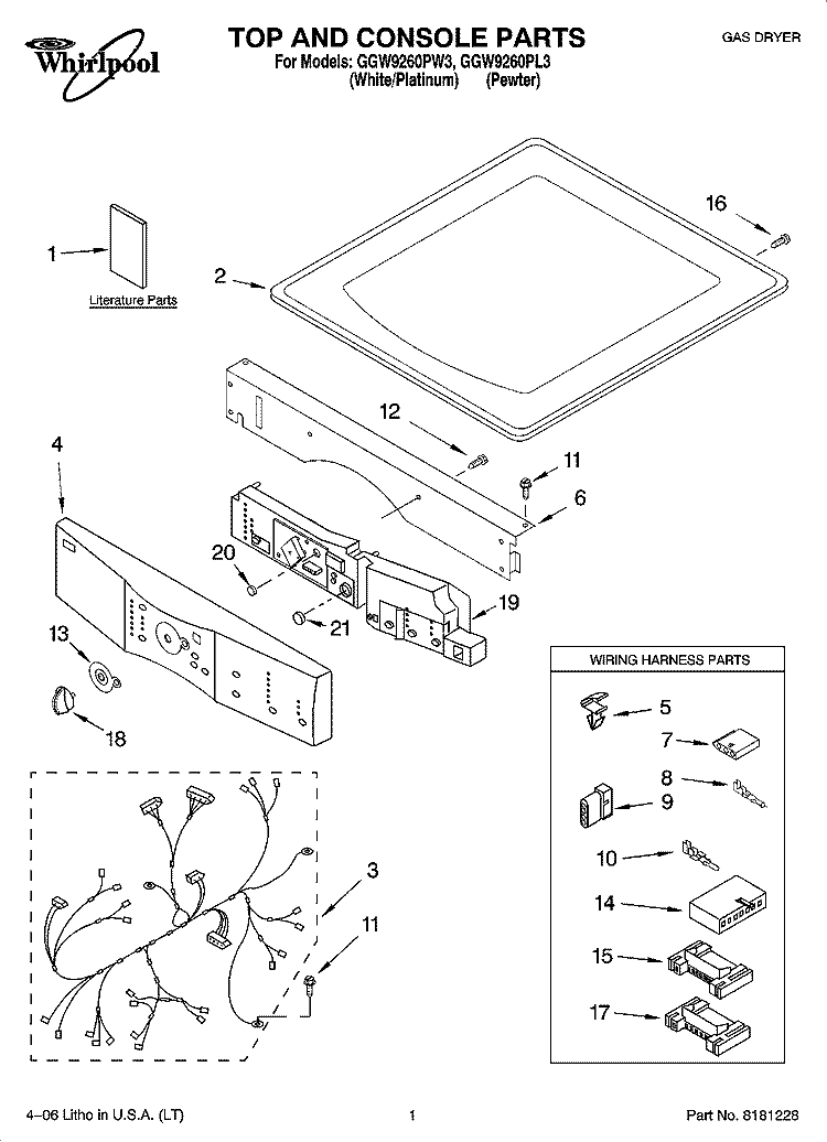 TOP AND CONSOLE PARTS Diagram and Parts List for GGW9260PW3  Whirlpool Dryer