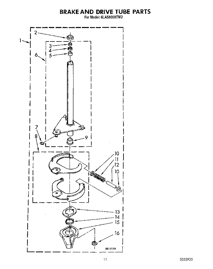 BRAKE AND DRIVE TUBE Diagram and Parts List for 6LA5800XTW2  Whirlpool Washer