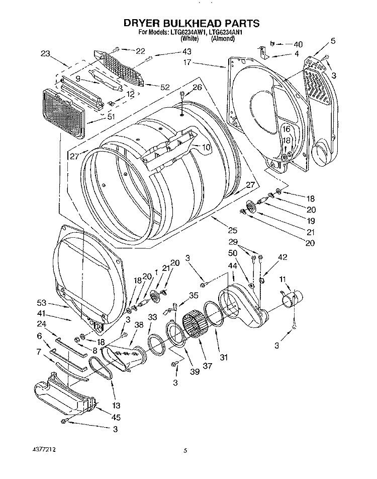DRYER BULKHEAD Diagram and Parts List for LTG6234AW1  Whirlpool Washer Dryer Combo