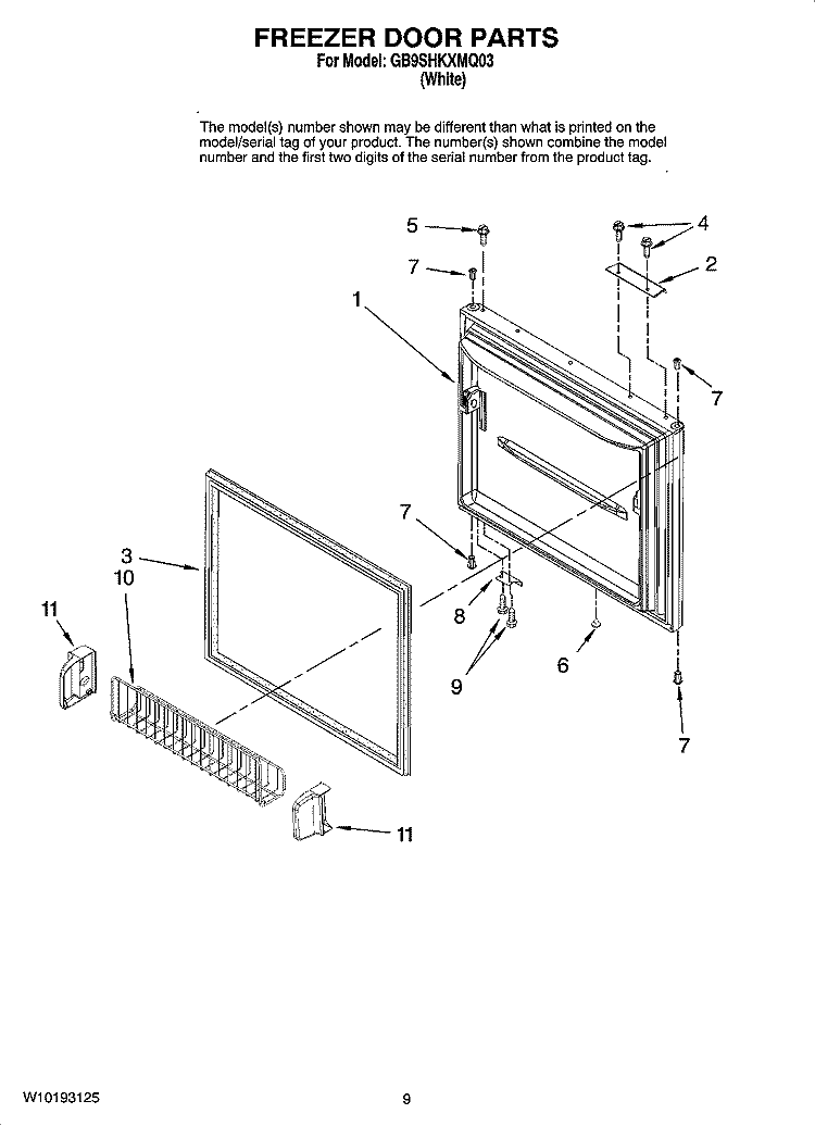 FREEZER DOOR PARTS Diagram and Parts List for GB9SHKXMQ03  Whirlpool Refrigerator