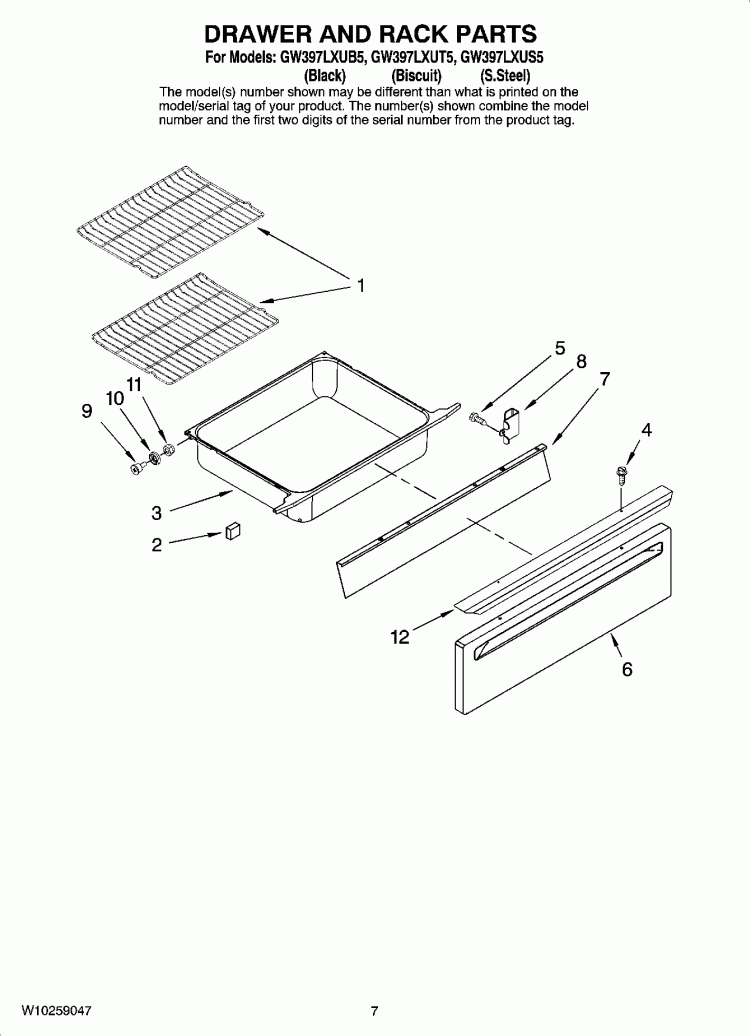 DRAWER AND RACK PARTS Diagram and Parts List for GW397LXUT5  Whirlpool Range