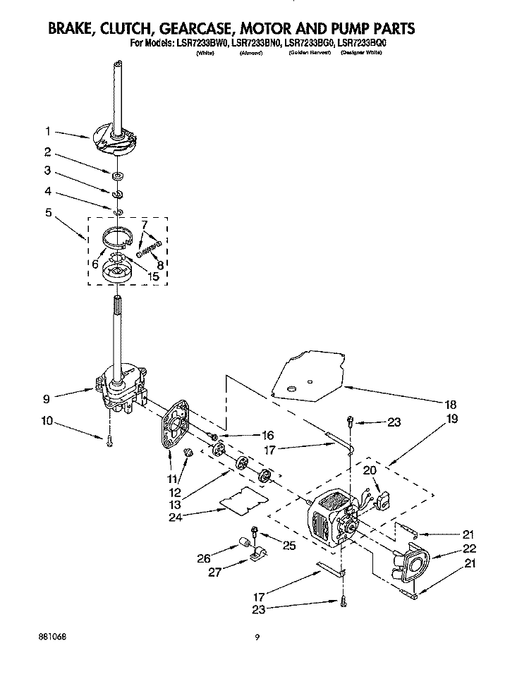 BRAKE, CLUTCH, GEARCASE, MOTOR AND PUMP Diagram and Parts List for LSR7233BQ0  Whirlpool Washer