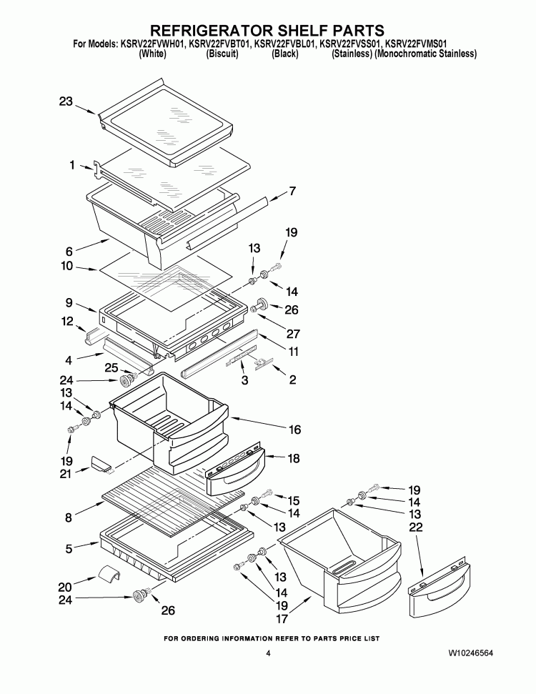 REFRIGERATOR SHELF PARTS Diagram and Parts List for KSRV22FVSS01  KitchenAid Refrigerator