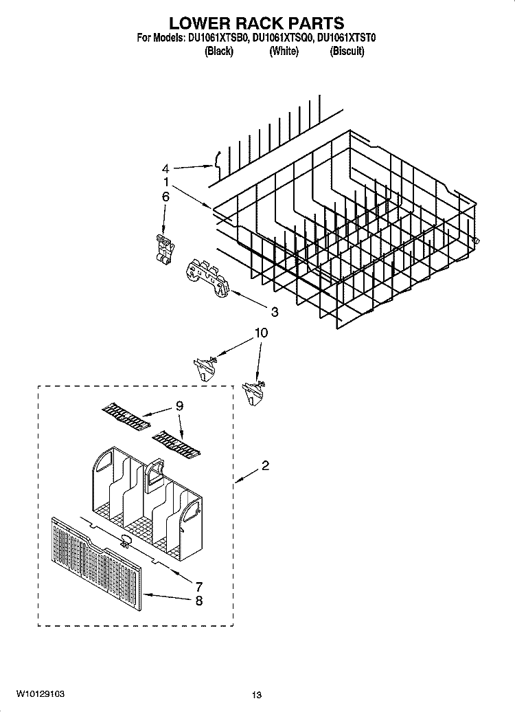 LOWER RACK PARTS, OPTIONAL PARTS (NOT INCLUDED) Diagram and Parts List for DU1061XTST0  Whirlpool Dishwasher
