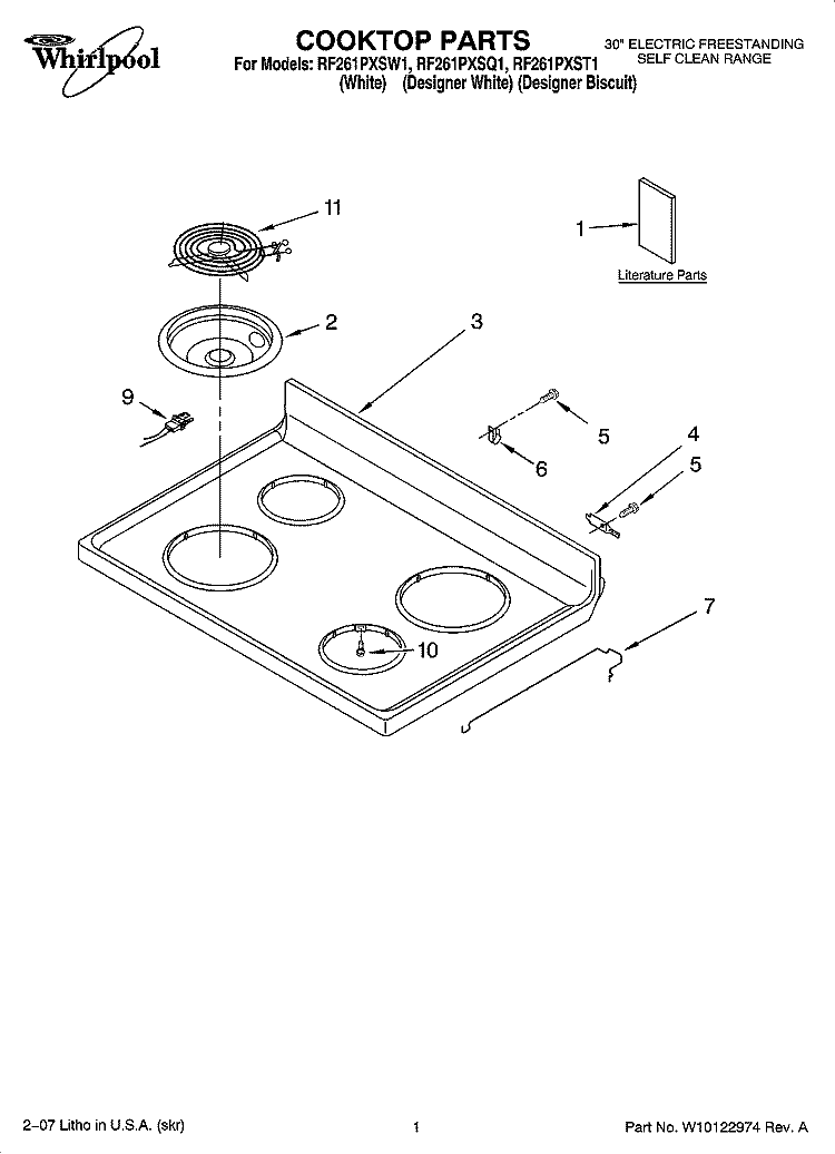 COOKTOP PARTS Diagram and Parts List for RF261PXSW1  Whirlpool Range