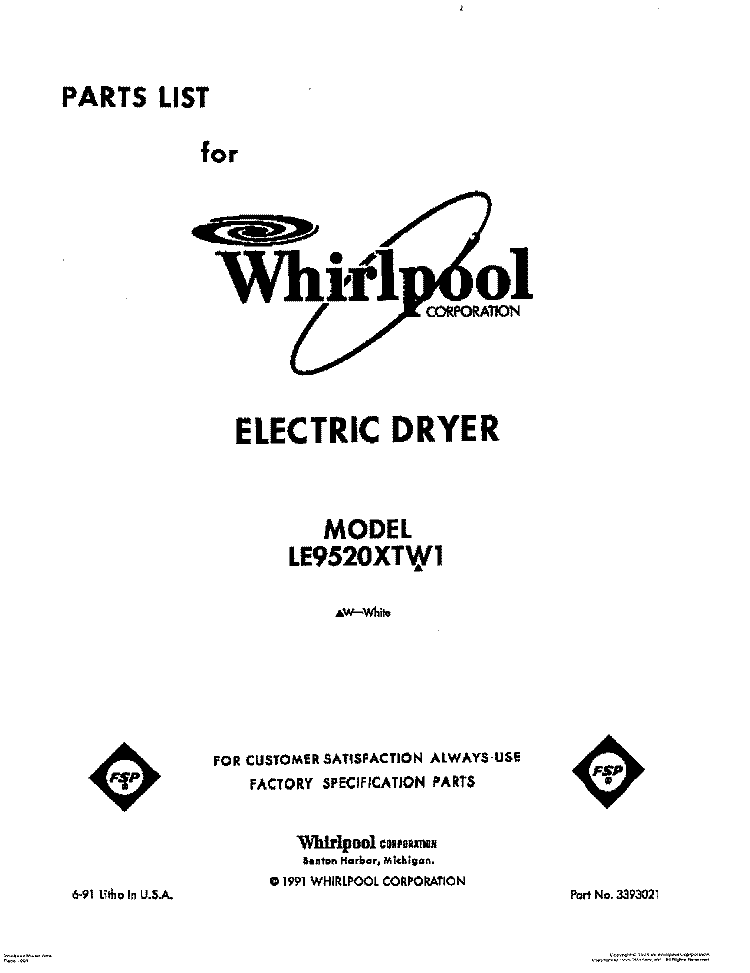 SECTION Diagram and Parts List for LE9520XTW1  Whirlpool Dryer