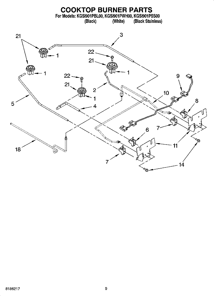 COOKTOP BURNER PARTS, OPTIONAL PARTS Diagram and Parts List for KGSI901PSS00  KitchenAid Range