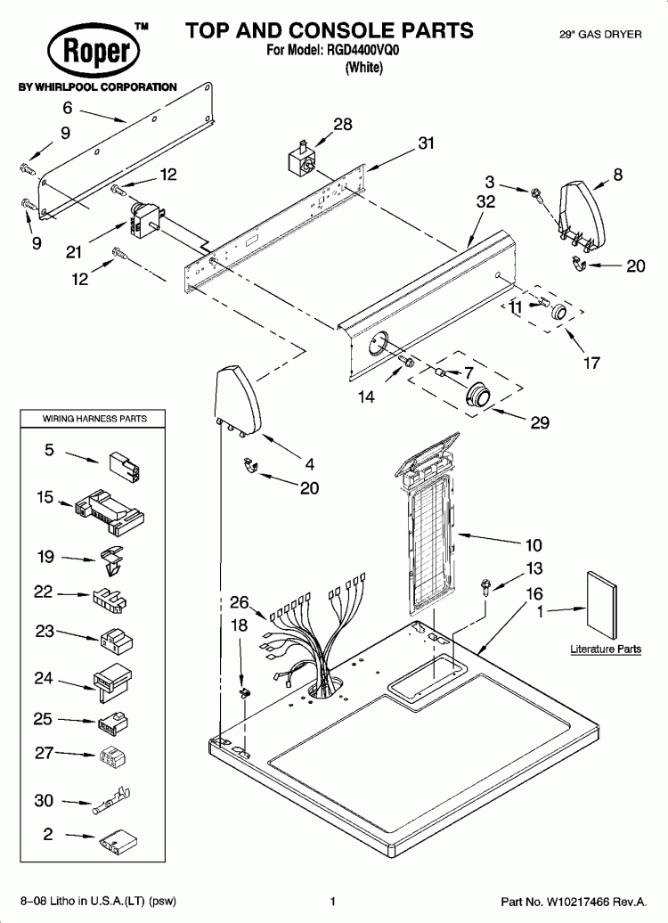 TOP AND CONSOLE PARTS Diagram and Parts List for RGD4400VQ0  Roper Dryer