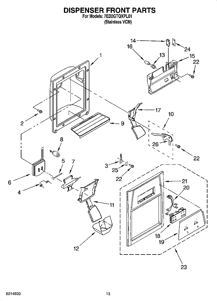 DISPENSER FRONT PARTS Diagram and Parts List for 7ED2GTQXPL01  Whirlpool Refrigerator