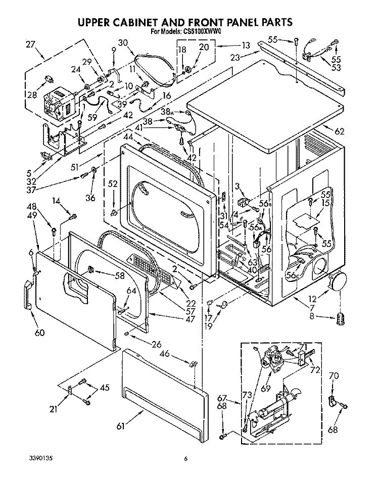 UPPER CABINET AND FRONT PANEL Diagram and Parts List for CS5100XWN0  Whirlpool Dryer