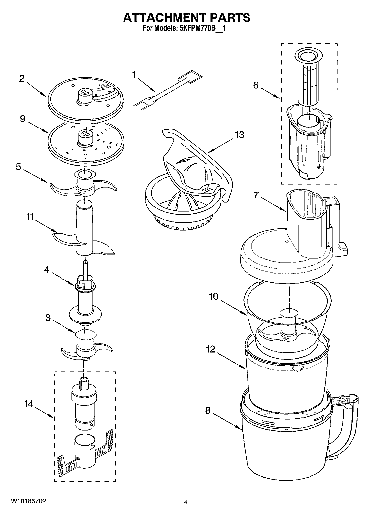 ATTACHMENT PARTS Diagram and Parts List for 5KFPM770BAC1  KitchenAid Food Processor