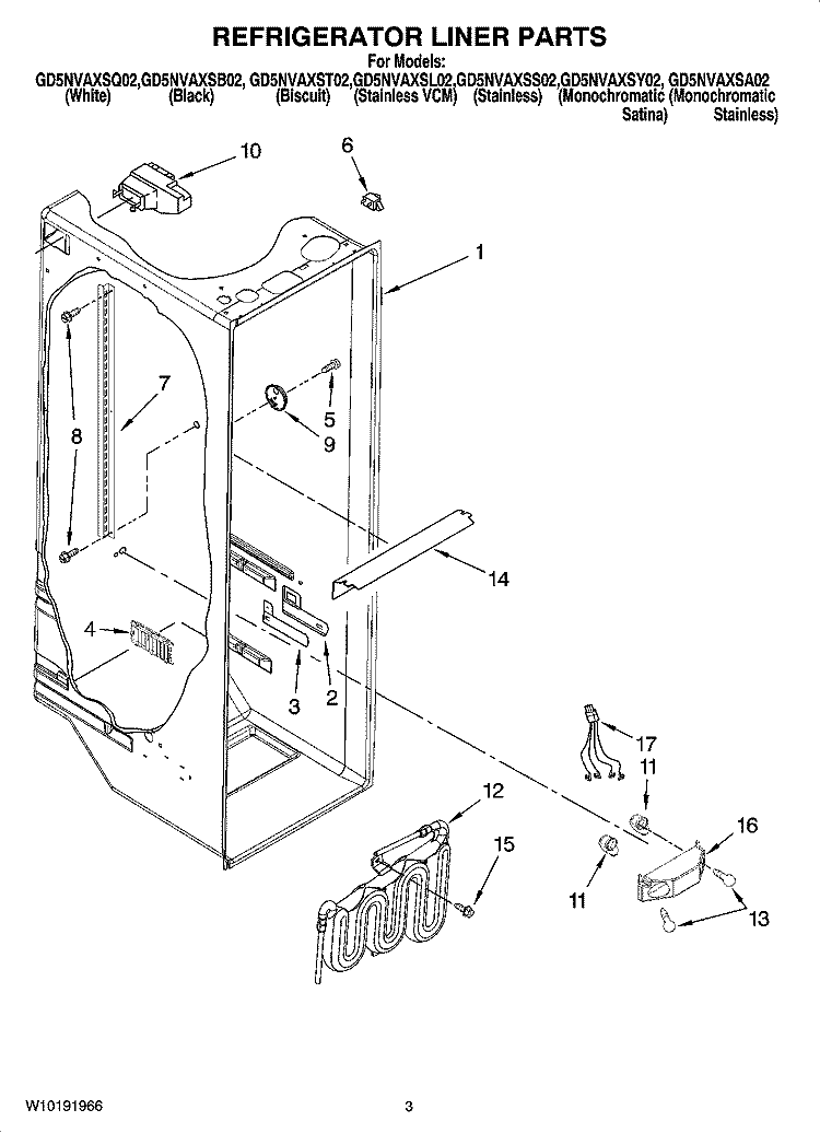 REFRIGERATOR LINER PARTS Diagram and Parts List for GD5NVAXSA02  Whirlpool Refrigerator