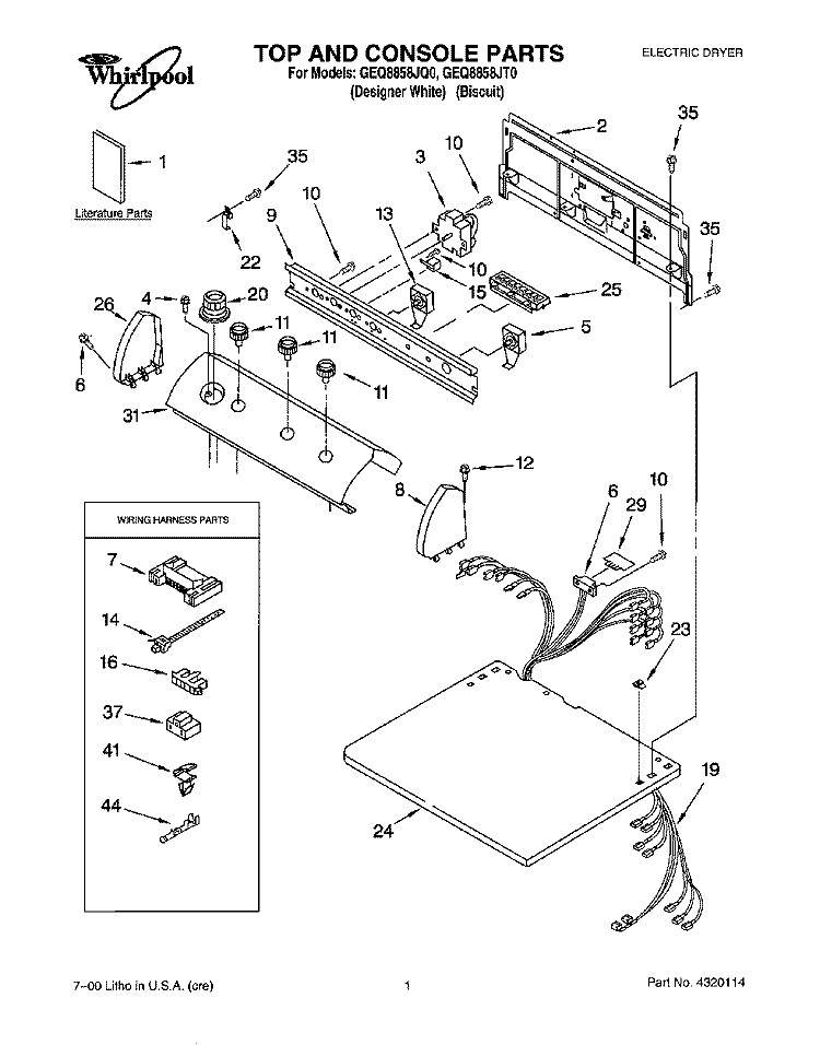 TOP AND CONSOLE PARTS Diagram and Parts List for GEQ8858JT0  Whirlpool Dryer