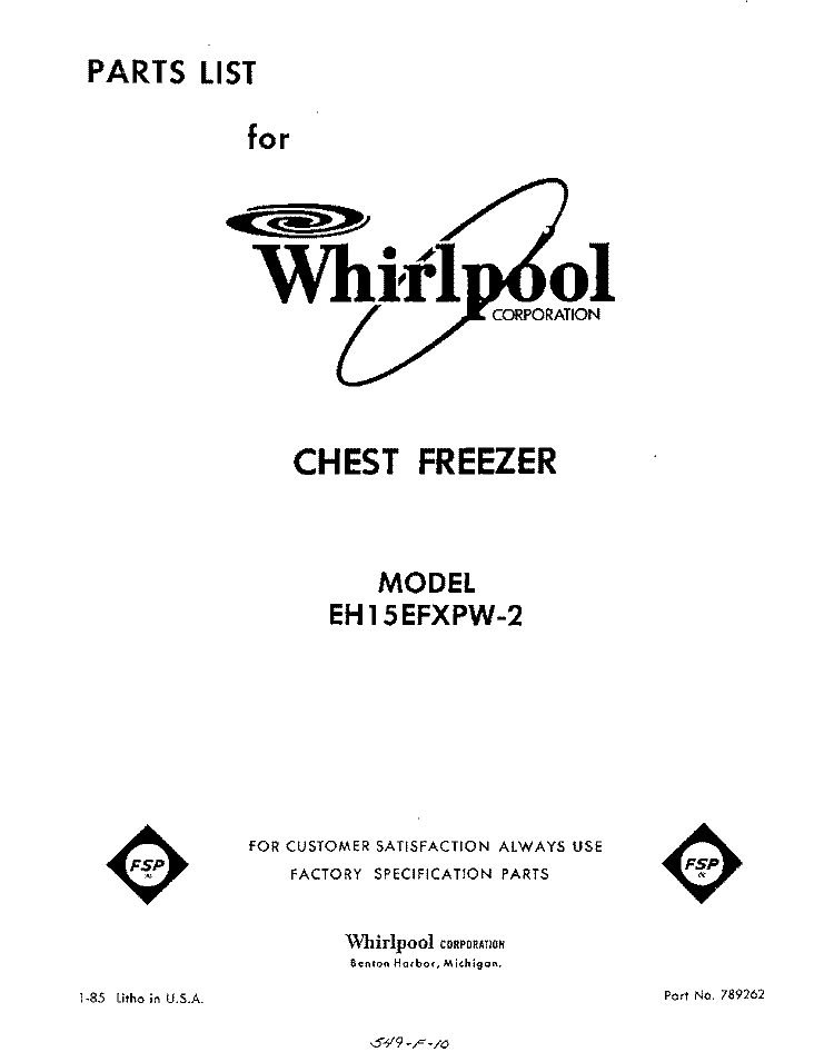 SECTION Diagram and Parts List for EH15EFXPW2  Whirlpool Freezer