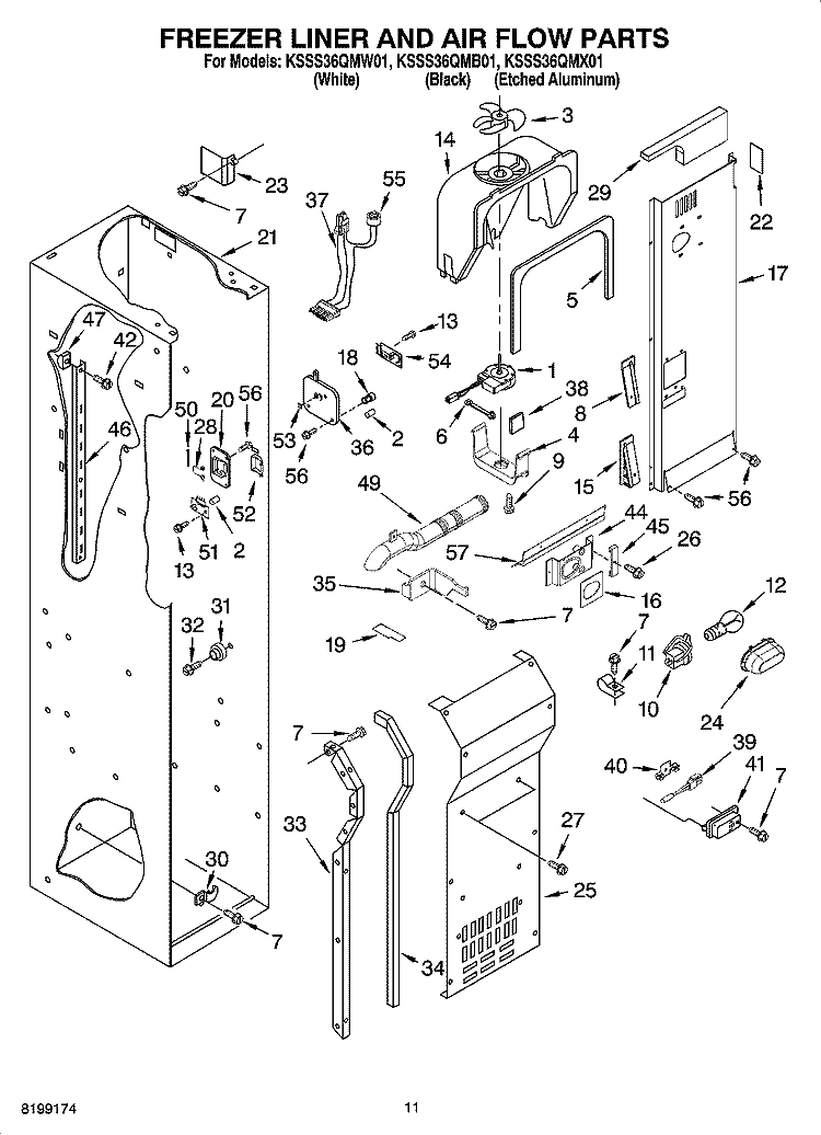FREEZER LINER AND AIR FLOW PARTS Diagram and Parts List for KSSS36QMB01  KitchenAid Refrigerator