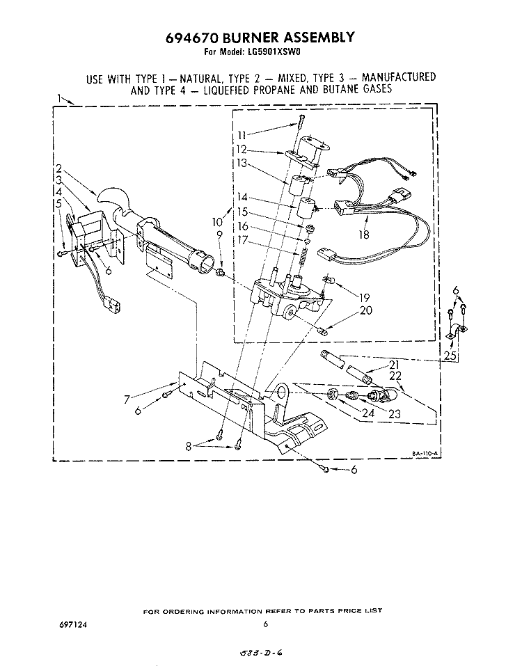 694670 BURNER Diagram and Parts List for LG5901XSW0  Whirlpool Dryer