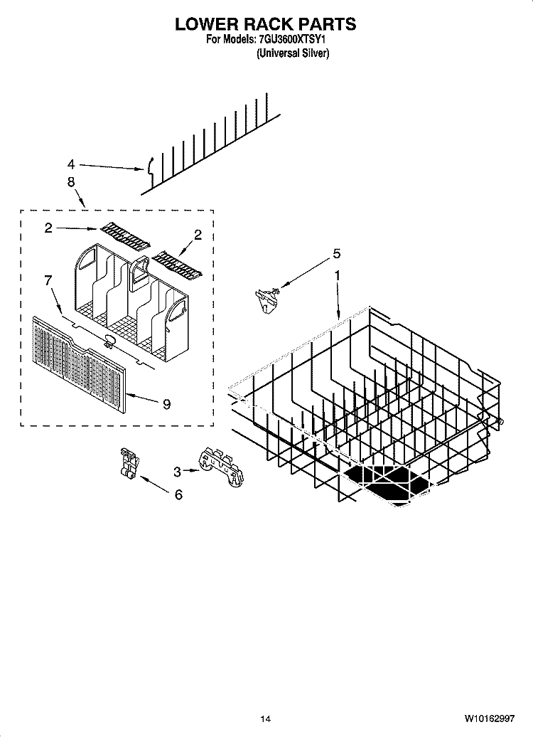 LOWER RACK PARTS, OPTIONAL PARTS (NOT INCLUDED) Diagram and Parts List for 7GU3600XTSY1  Whirlpool Dishwasher
