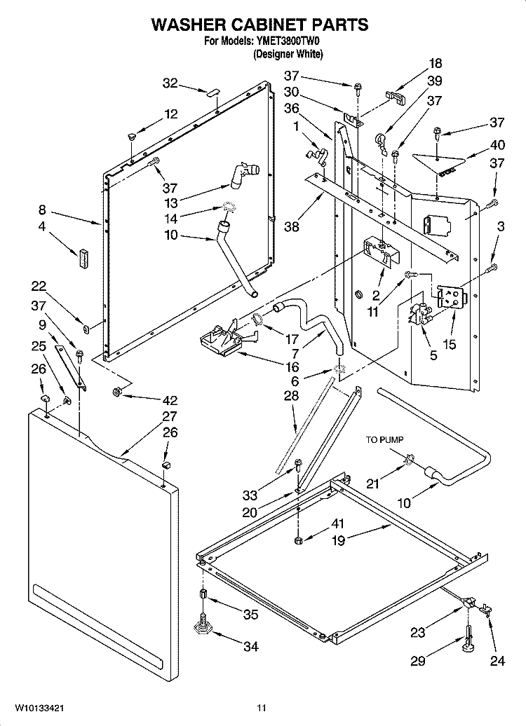 WASHER CABINET PARTS Diagram and Parts List for YMET3800TW0  Whirlpool Washer Dryer Combo