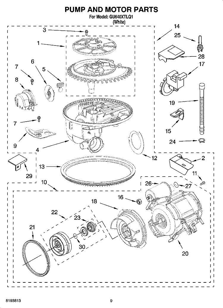 PUMP AND MOTOR PARTS Diagram and Parts List for GU640XTLQ1  Whirlpool Dishwasher