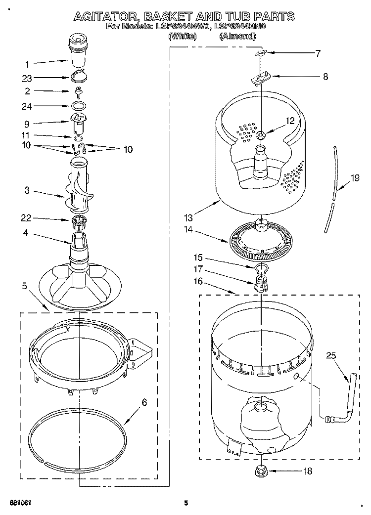 AGITATOR, BASKET AND TUB Diagram and Parts List for LSP6244BN0  Whirlpool Washer