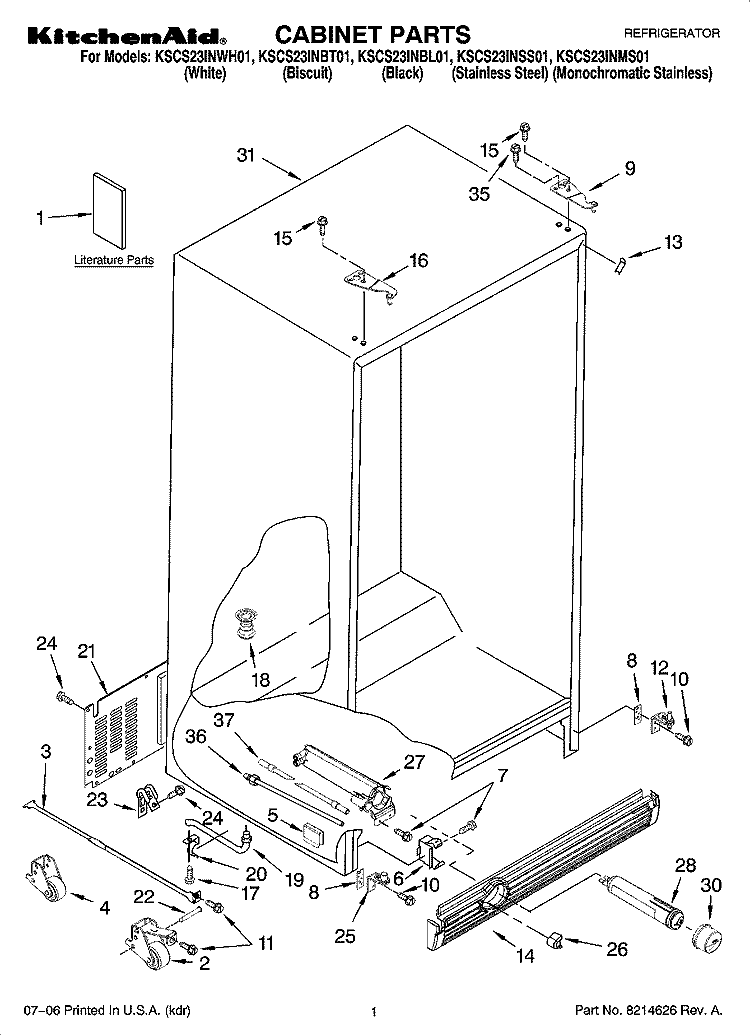 CABINET PARTS Diagram and Parts List for KSCS23INMS01  KitchenAid Refrigerator